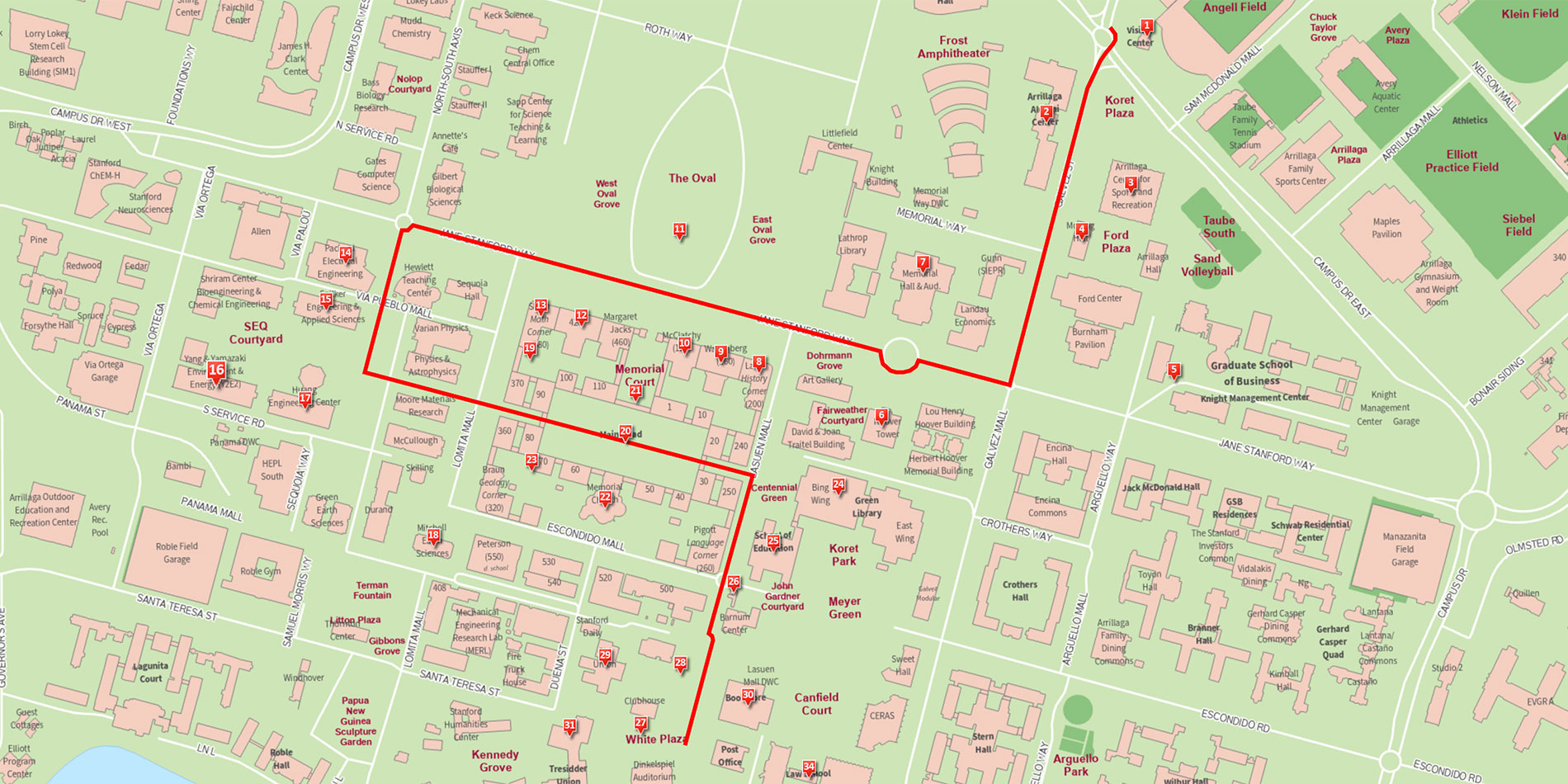 Map of stanford campus with line designating a route from the Visitor's Center to White Plaza 